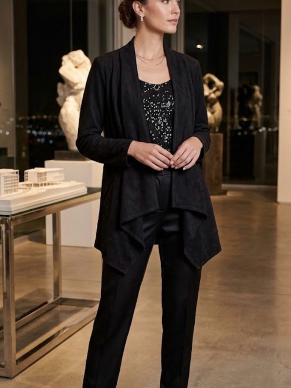 LOGO by Lori Goldstein Black Draped Open-Front Cardigan